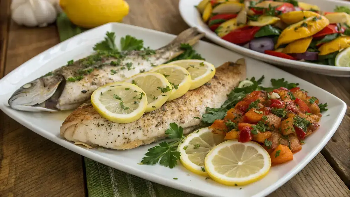 Baked snappers fish & chicken garnished with parsley and lemon on a wooden table.