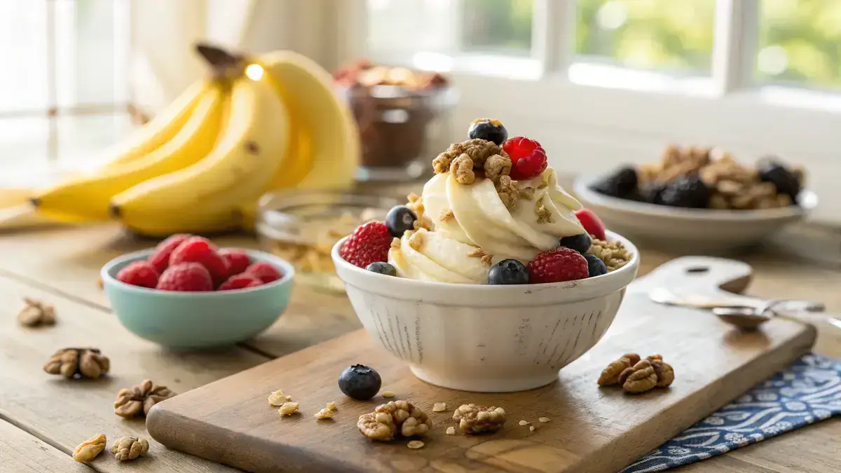 A bowl of creamy banana soft-serve topped with walnuts and berries, representing low fodmap desserts.