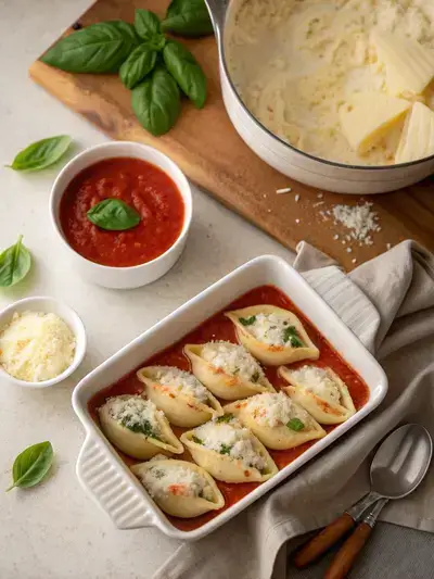 Ingredients for frozen stuffed shells including pasta shells, marinara sauce, mozzarella cheese, Parmesan cheese, and fresh basil on a kitchen table.