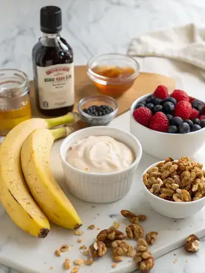 A vibrant arrangement of low fodmap dessert ingredients including bananas, yogurt, maple syrup, walnuts, and berries.