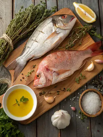 Fresh ingredients for snappers fish & chicken recipe on a kitchen table.