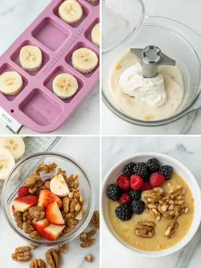 Step-by-step process of making low fodmap desserts with banana soft-serve, yogurt, and toppings.