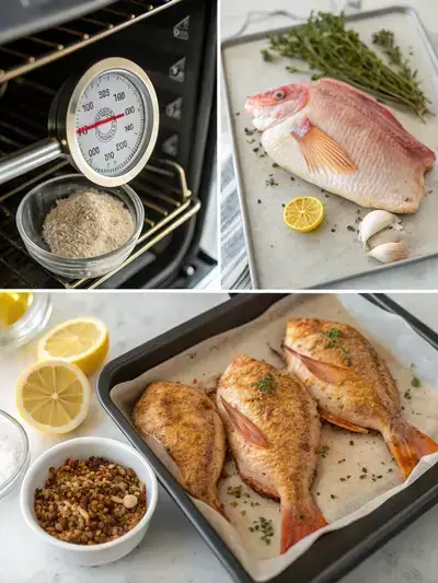 Preparation steps for snappers fish & chicken, including preheating the oven, drying the fish and chicken, mixing spices, and arranging them for baking.