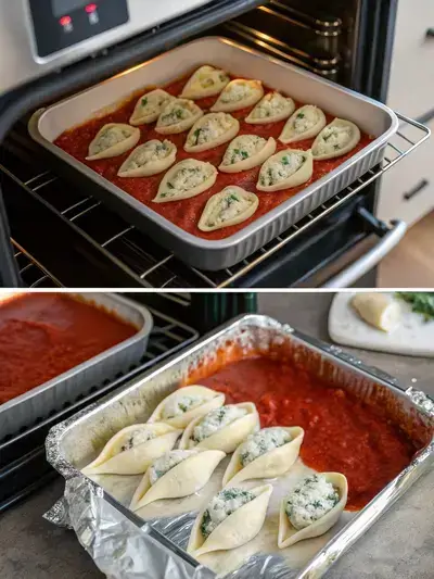Step-by-step process of preparing frozen stuffed shells, including preheating the oven, preparing the baking dish, arranging the shells, and covering the dish.