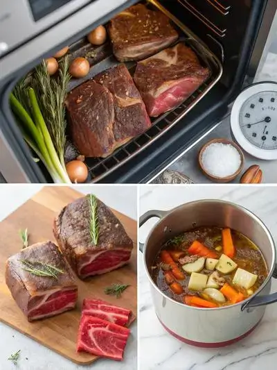Step-by-step preparation of beef shin, including seasoning, searing, sautéing vegetables, and simmering in broth.