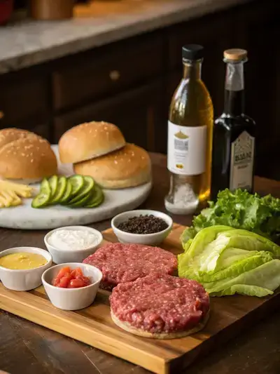 Ingredients for brisket burgers displayed on a kitchen table.