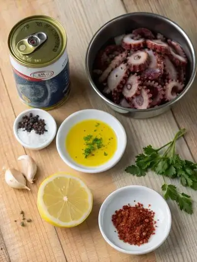 Ingredients for a canned octopus dish arranged on a kitchen table.