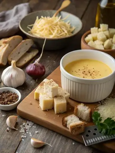 A rustic cheese fondue setup with melted cheese, garlic, cherry juice, and bread cubes for dipping.