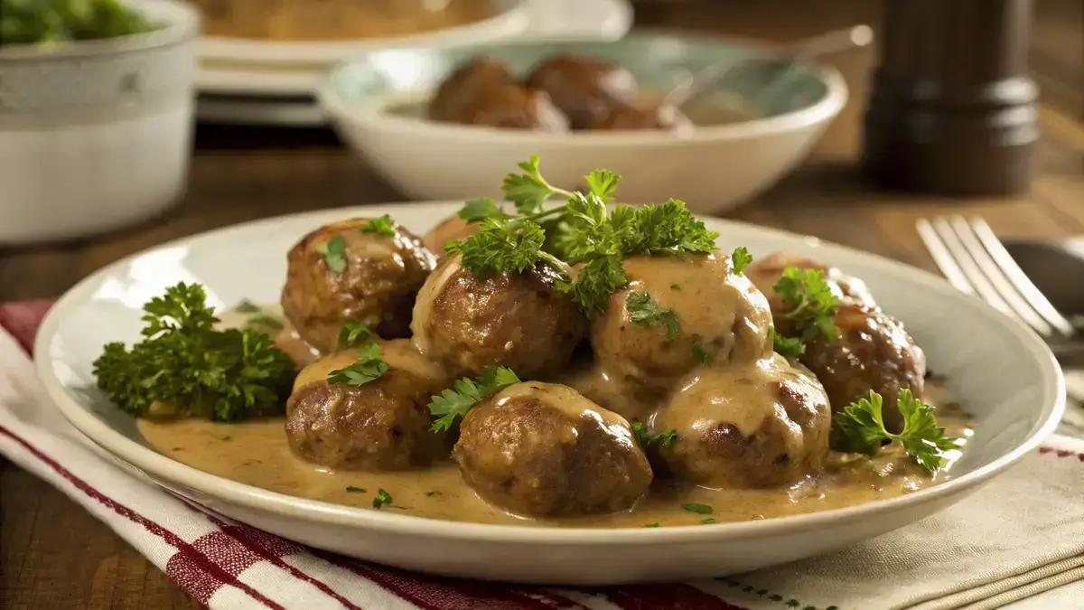 A plate of frozen Swedish meatballs in creamy sauce, garnished with parsley.