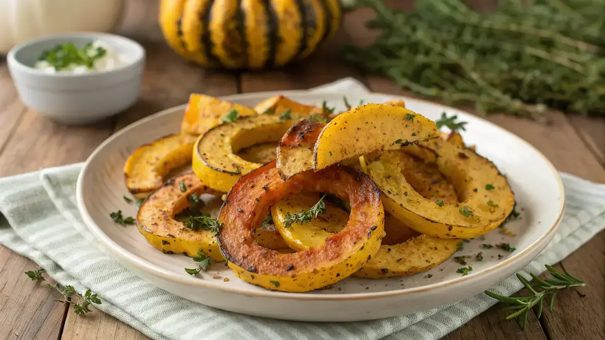 Crispy Delicata Squash Air Fryer slices seasoned and served on a wooden table.