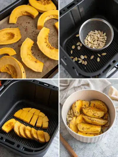 Step-by-step preparation of delicata squash for air frying, including washing, cutting, slicing, and seasoning.