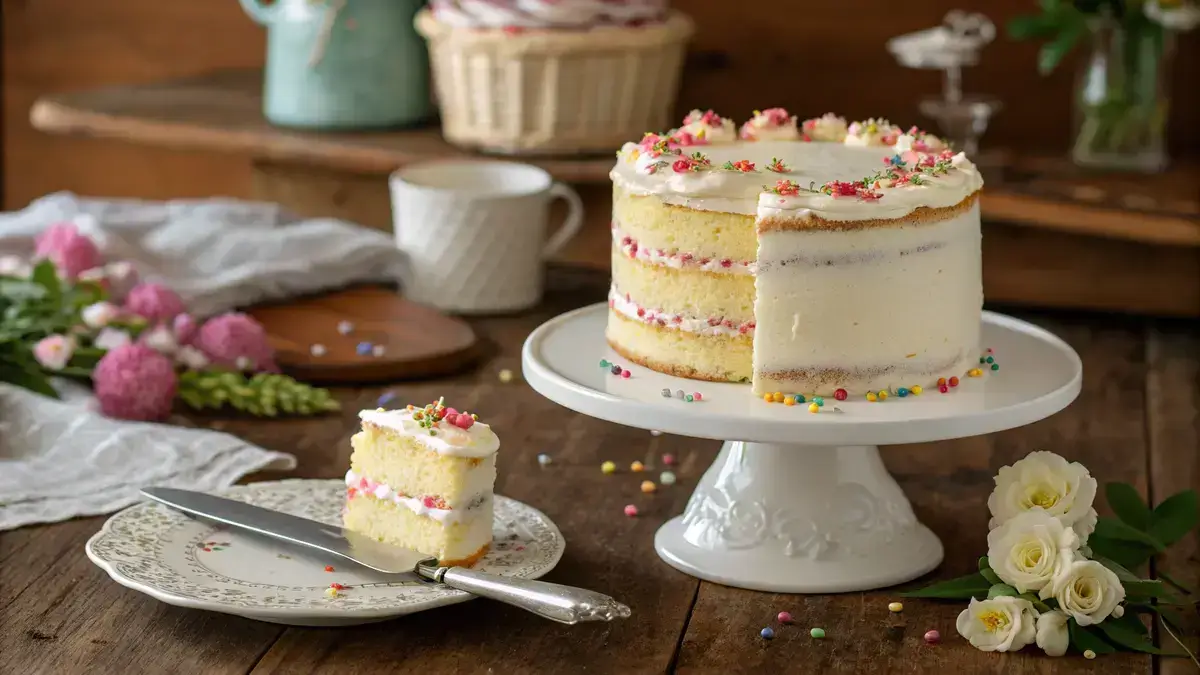 A delicious American cake with colorful frosting and sprinkles on a cake stand.