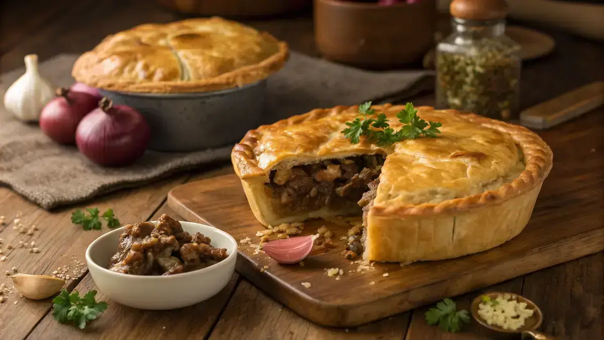 A freshly baked Australian meat pie with a golden crust and savory filling, displayed on a wooden table.