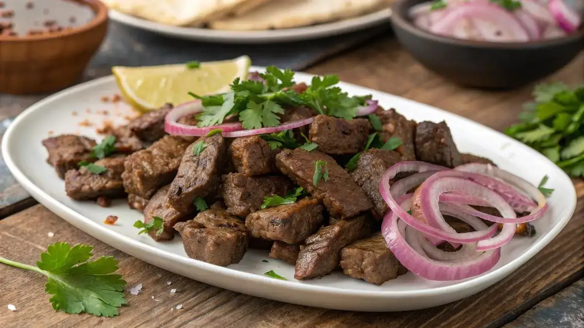Plate of cooked beef finger meat garnished with parsley and sautéed onions.