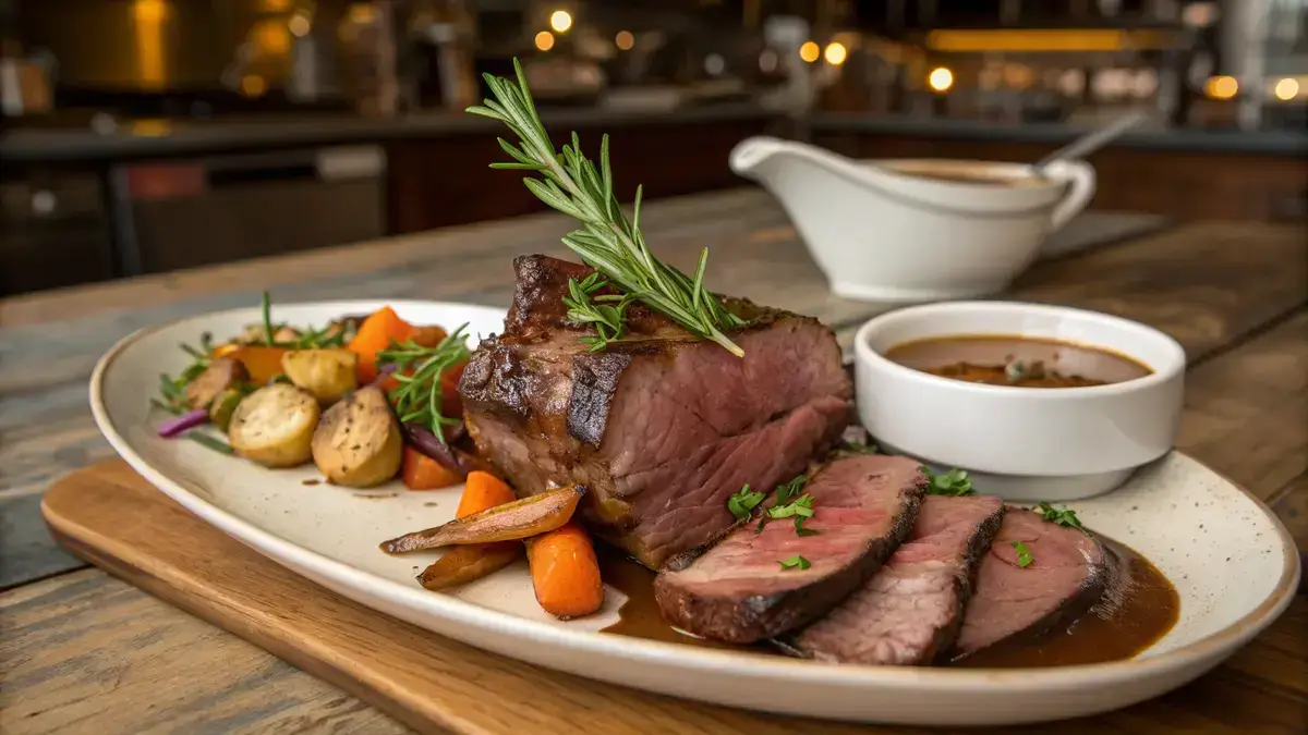 Sliced beef knuckle served with gravy and roasted vegetables on a wooden table.