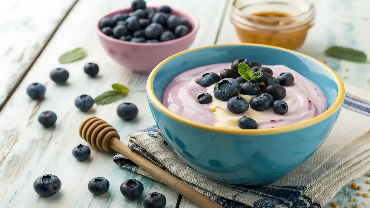 A bowl of creamy blueberry yogurt topped with fresh blueberries and a drizzle of honey.