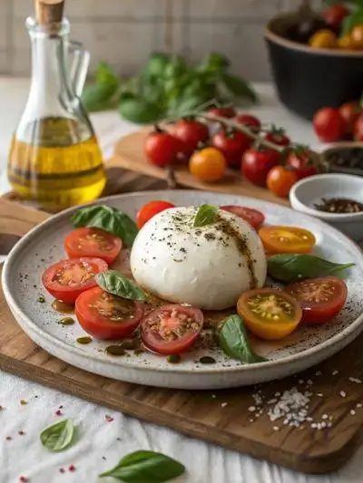 A kitchen table with a burrata ball, cherry tomatoes, and basil leaves, drizzled with olive oil.