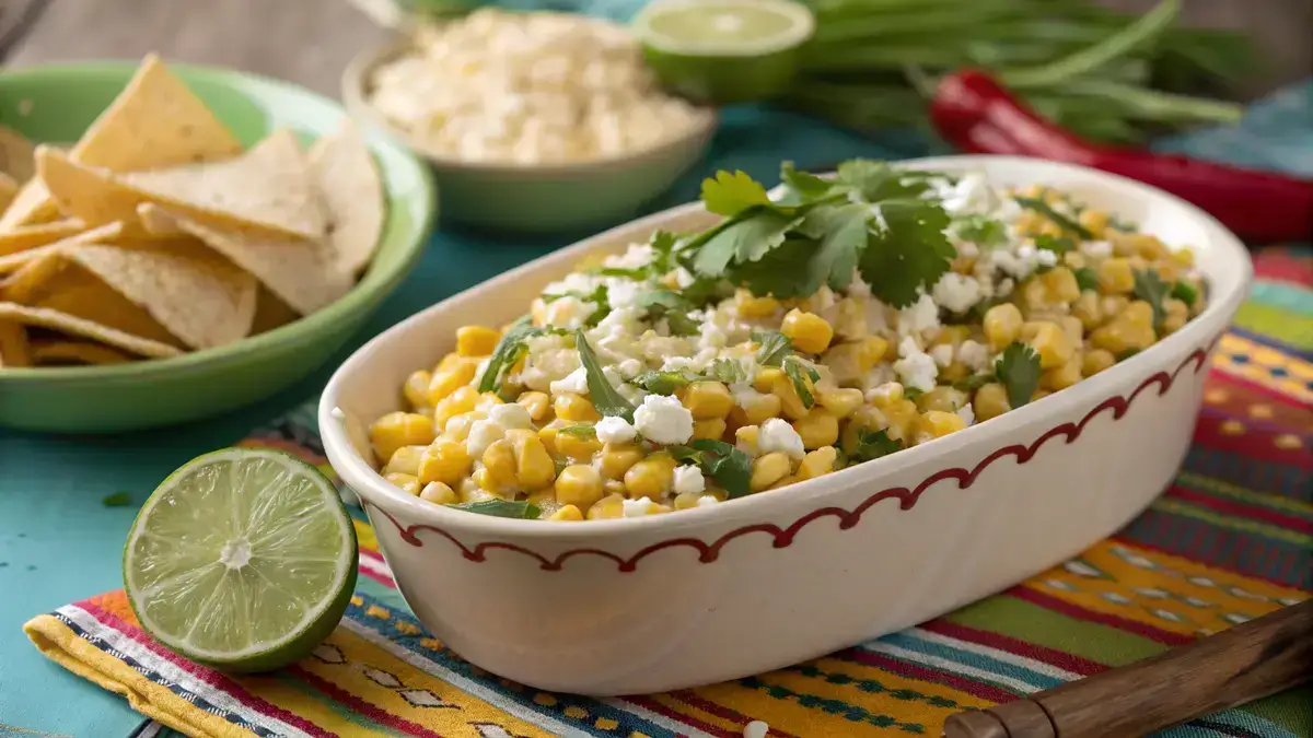 A colorful bowl of fiesta corn topped with cotija cheese and cilantro, surrounded by lime wedges and tortilla chips.