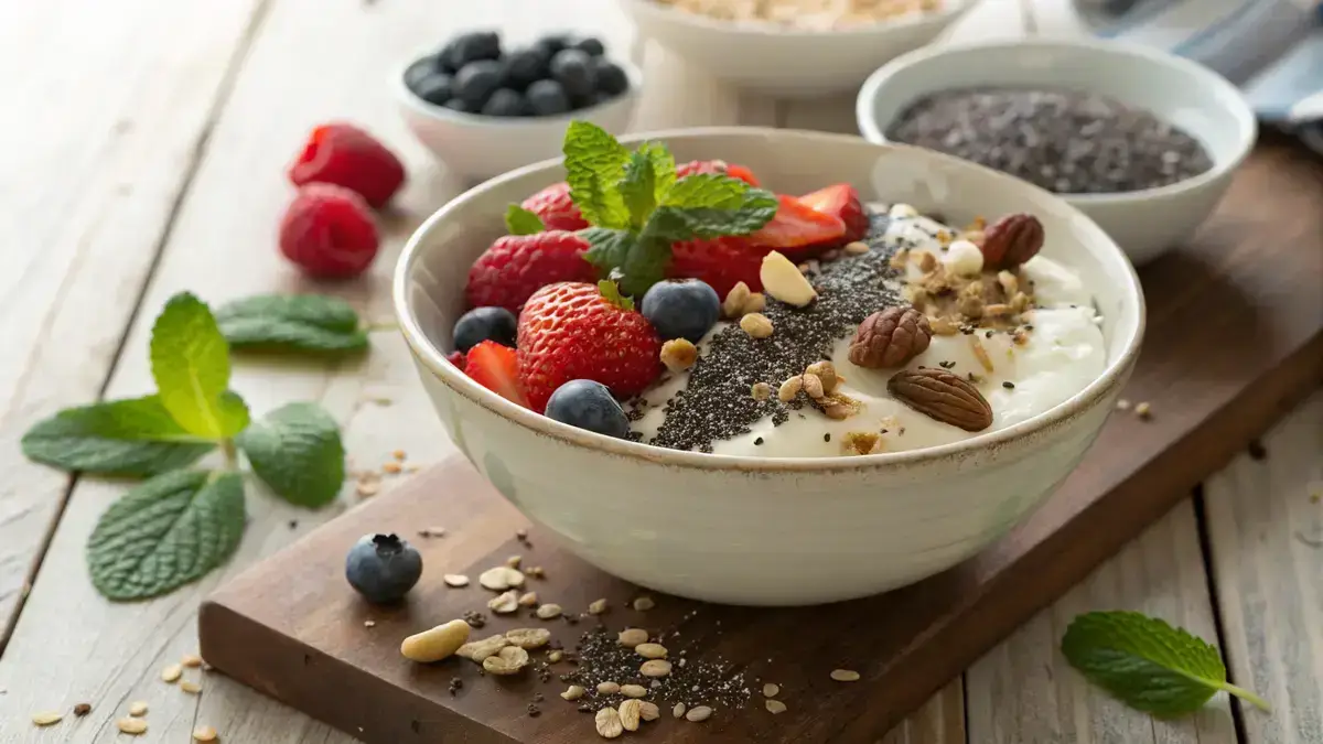A bowl of Greek yogurt with mixed berries and nuts, representing an easy healthy dessert.