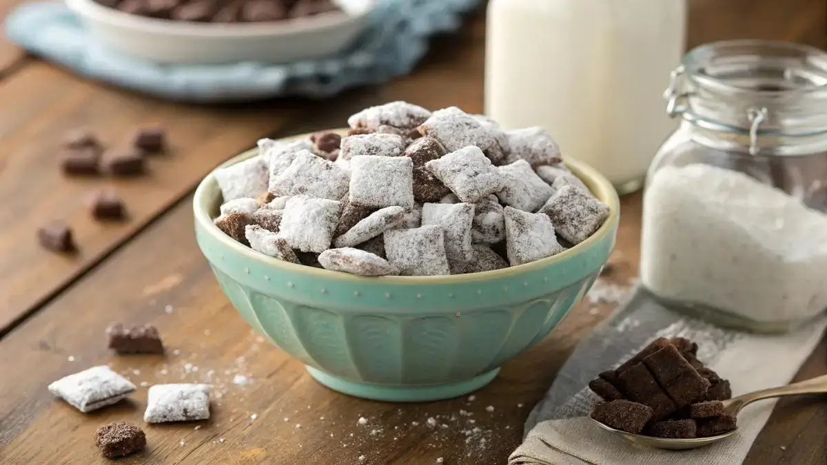 A bowl of puppy chow with Rice Chex cereal coated in chocolate and powdered sugar.