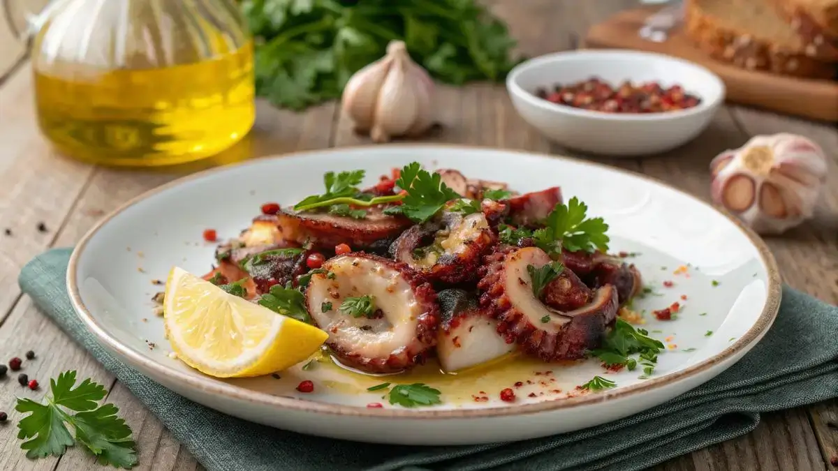 Plate of marinated canned octopus with parsley and lemon slices.