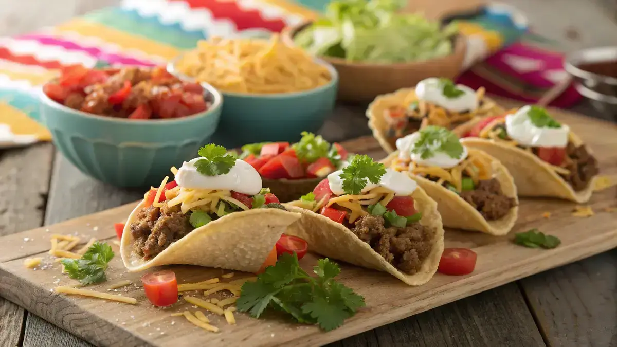 A plate of mini tacos filled with ground beef and fresh toppings.