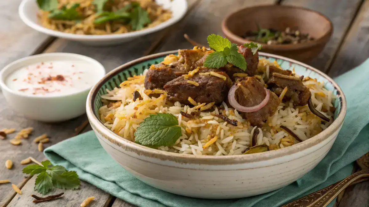 A vibrant serving of mutton biryani with garnishes of fried onions and fresh herbs.