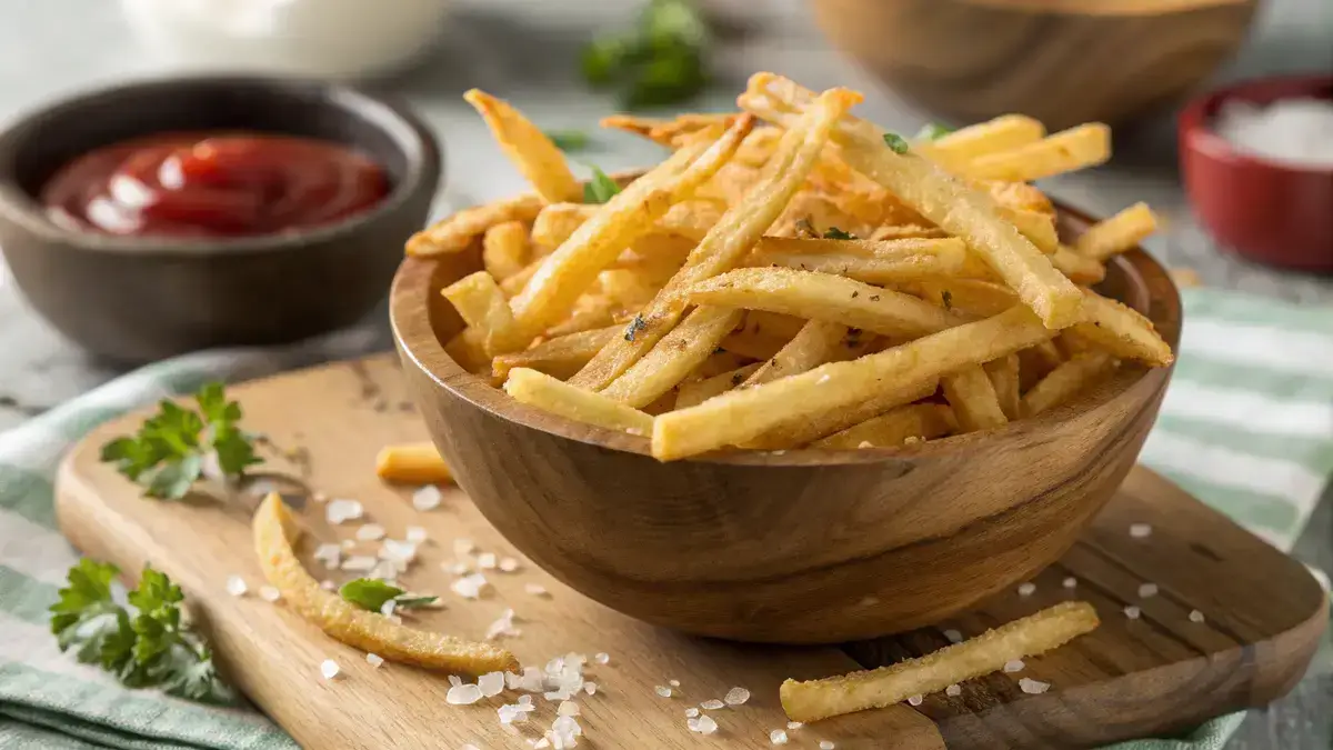 Crispy shoestring potato fries in a wooden bowl with ketchup on the side.