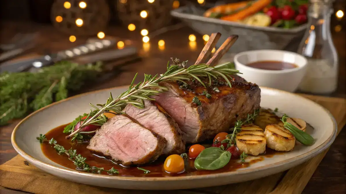 Roasted lamb loin garnished with fresh herbs and served with vegetables.