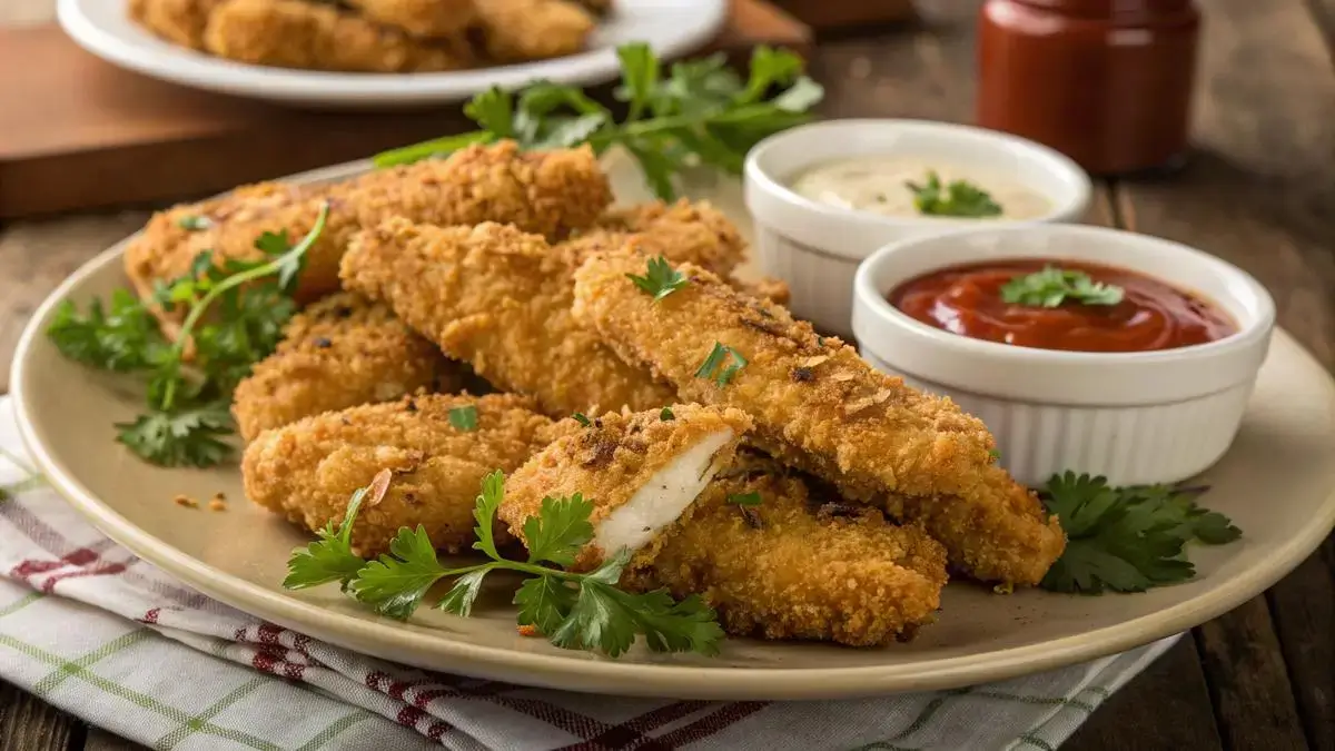 Cooked raw chicken tender sliced and served with vegetables on a wooden table.