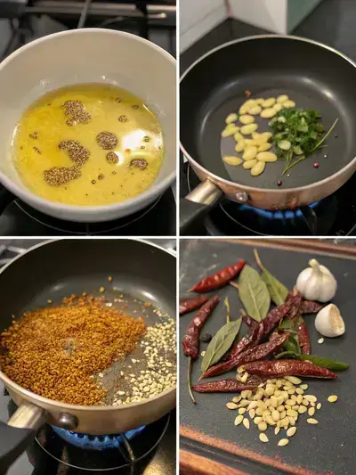 A visual depiction illustrating the various phases involved in preparing Indian Tadka, showcasing the array of spices and cooking techniques.