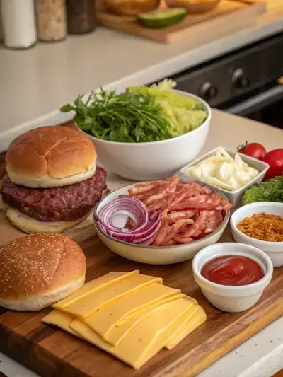 A variety of fresh ingredients for loaded burgers displayed on a kitchen table.