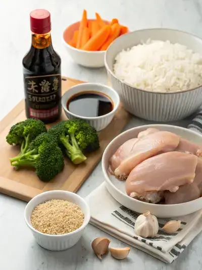 Ingredients for teriyaki bento including chicken, rice, and vegetables.