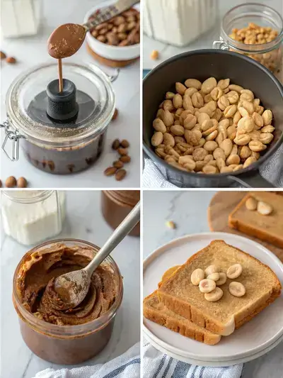 Four-step process of making chocolate peanut butter, showcasing peanuts, processing, adding ingredients, and the final product in a jar.