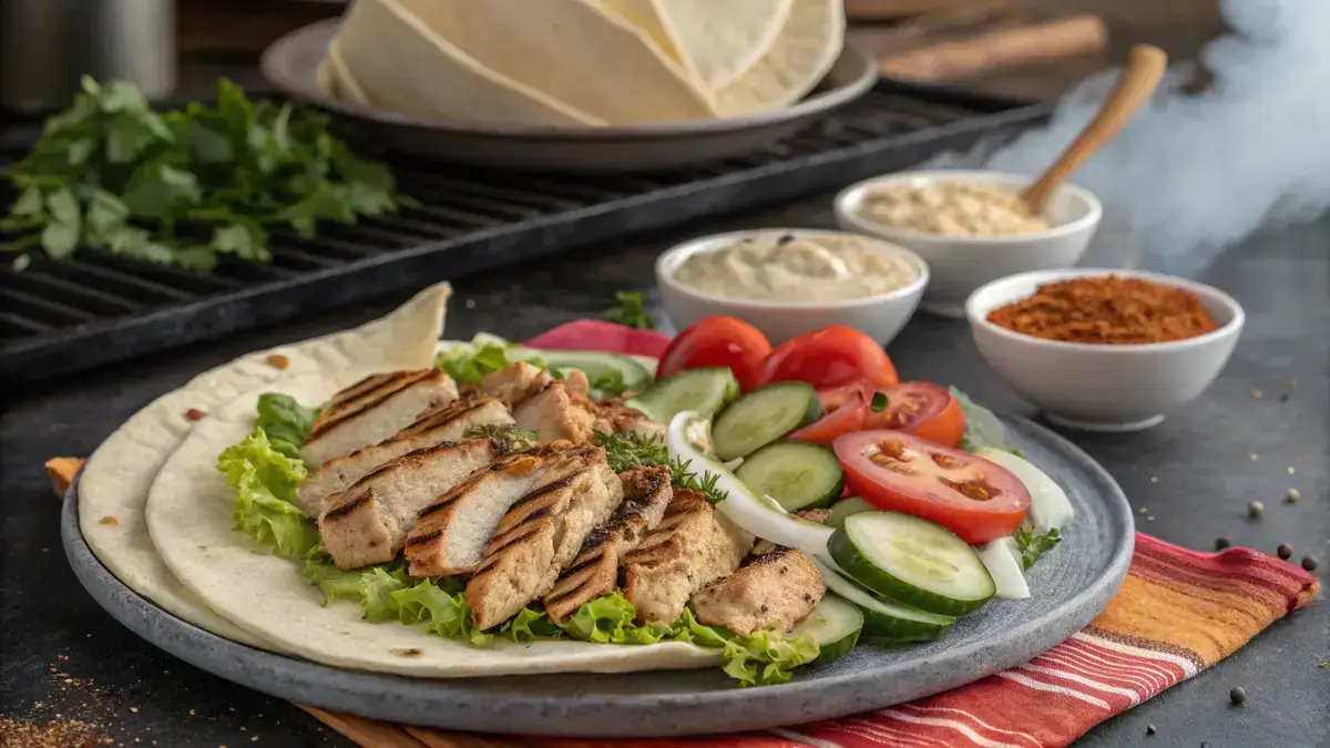 Delicious homemade shawarma with grilled chicken, fresh vegetables, and tahini sauce served in pita bread.