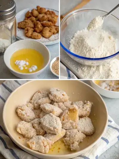 Step-by-step process of making tempura chicken nuggets, including preparing chicken, making batter, heating oil, and frying.