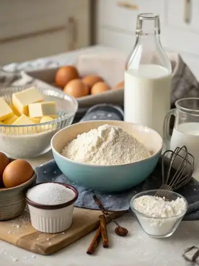 A collection of ingredients for a 10 inch round cake displayed on a kitchen table, including flour, sugar, butter, eggs, milk, baking powder, salt, and vanilla extract.