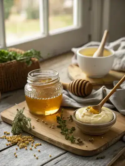 A rustic kitchen table with honey, Dijon mustard, and mayonnaise arranged for making 3 ingredient honey mustard.