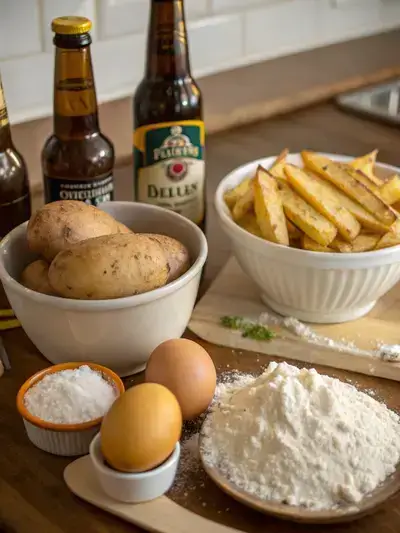 Fresh ingredients for beer battered fries displayed on a kitchen table.