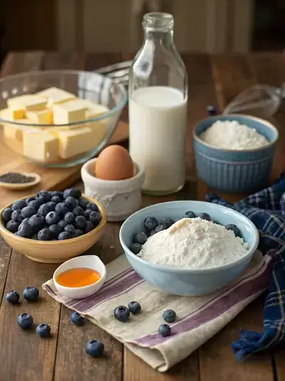 Ingredients for blueberry waffles displayed on a kitchen table.
