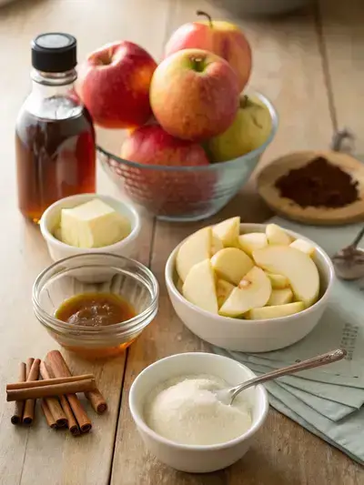 Fresh ingredients for caramelized apples arranged on a kitchen table.