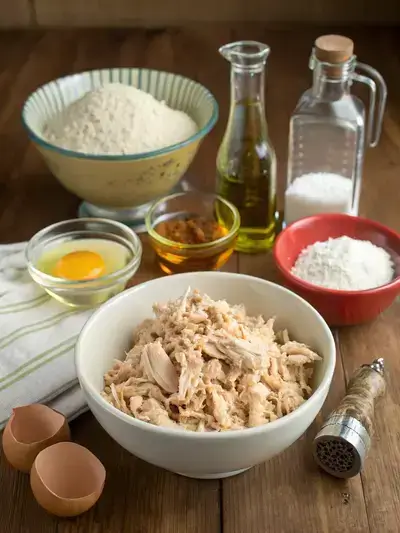 Ingredients for chicken fritters arranged on a kitchen table.