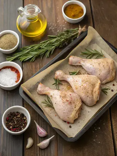 Raw chicken quarters seasoned with spices on a kitchen table.