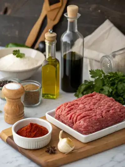 Ingredients for chopped sirloin displayed on a kitchen table.