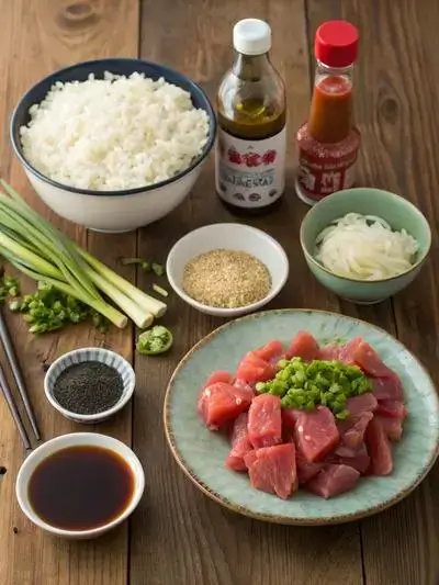 Ingredients for crispy rice with spicy tuna displayed on a kitchen table.