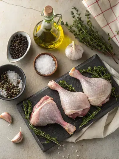 Ingredients for duck legs displayed on a kitchen table.