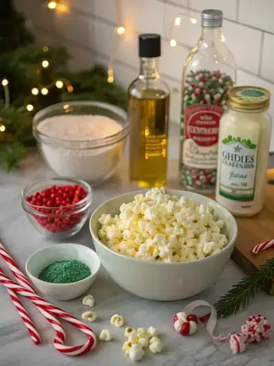 Ingredients for Christmas popcorn displayed on a kitchen table.