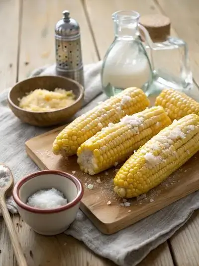 Ingredients for frozen corn on the cob displayed on a rustic kitchen table.