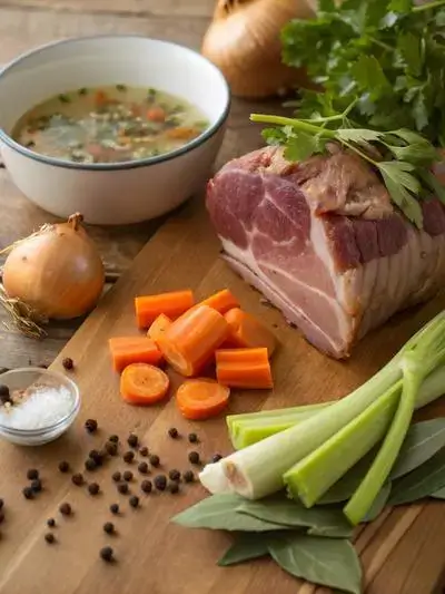 Ham shank with fresh vegetables and seasonings on a kitchen table.