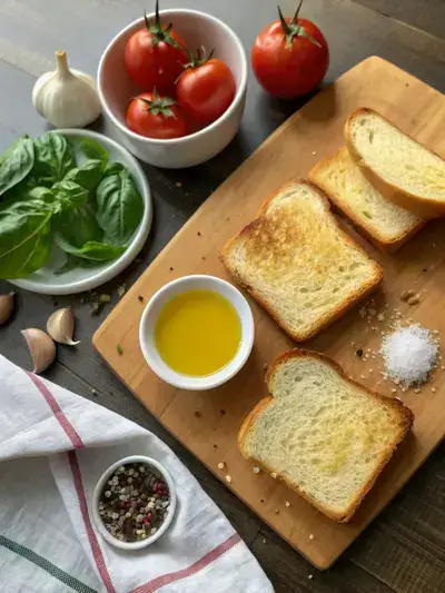Ingredients for Italian toast displayed on a rustic kitchen table.